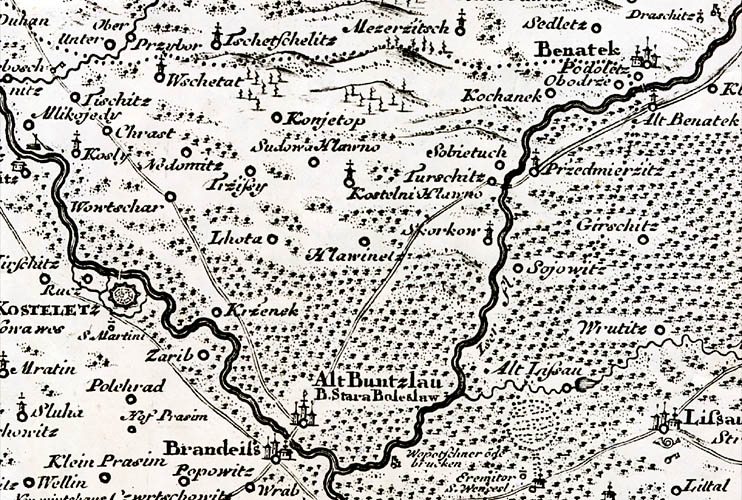 Část bývalého Kouřimského kraje z Mapy země České z r. 1720 od Jana Krištofa Müllera, c.k. rakouského setníka a inženýra. Na mapě jsou zakresleny Nedomice - Nedomitz, ve kterých bylo 18 osedlých (tj. okolo 150-180 lidí) i Ovčáry 